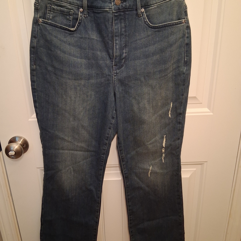 NYDJ Distressed Straight Leg Jeans in Dark Blue
